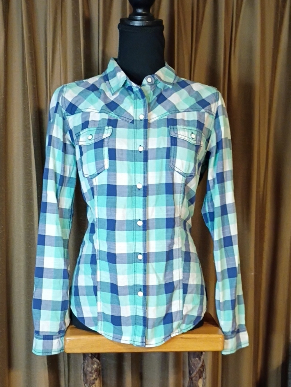 Bit & Bridle Blue & Mint Western Plaid Button Down Shirt
